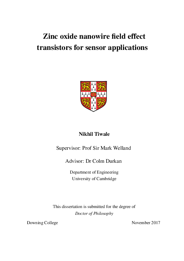 (PDF) Zinc oxide nanowire field effect transistors for sensor applications