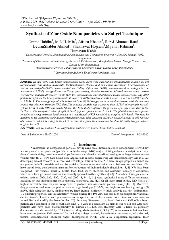(PDF) Synthesis of Zinc Oxide Nanoparticles via Sol-gel Technique