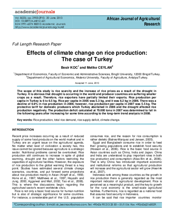 (PDF) Effects of climate change on rice production: The case of Turkey