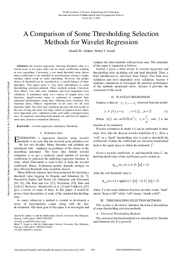 (PDF) A Comparison of Some Thresholding Selection Methods for Wavelet ...