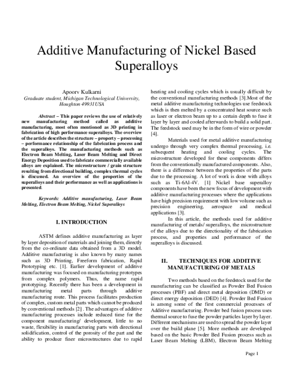 (PDF) Additive Manufacturing of Nickel Based Superalloy