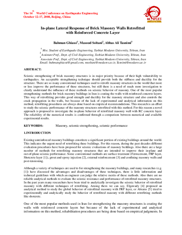 (PDF) In-plane Lateral Response of Brick Masonry Walls Retrofitted with ...