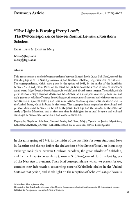First page of “'"The Light is Burning Pretty Low": The 1948 Correspondence Between Samuel Lewis and Gershom Scholem', Correspondences: Journal for the Study of Esotericism 8 (2020), pp. 45-72  (English)”