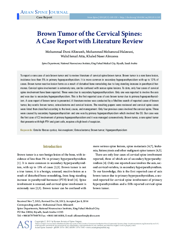 (PDF) Brown Tumor of the Cervical Spines: A Case Report with Literature ...