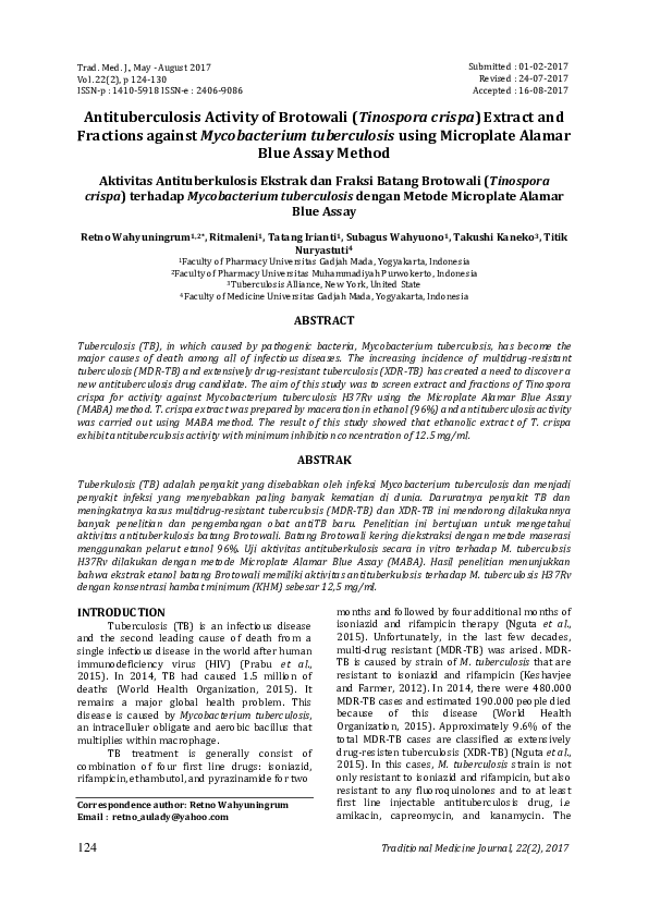 (PDF) Antituberculosis Activity of Brotowali (Tinospora crispa) Extract