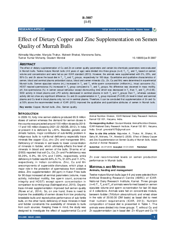 (PDF) Effect of Dietary Copper and Zinc Supplementation on Semen ...