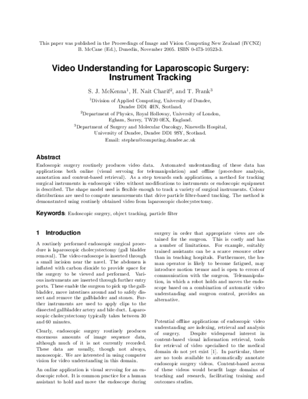 (PDF) Video Understanding for Laparoscopic Surgery : Instrument Tracking