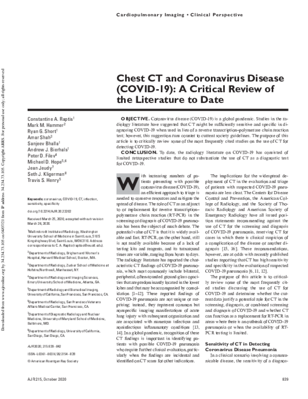 (PDF) Chest CT and Coronavirus Disease (COVID-19): A Critical Review of ...