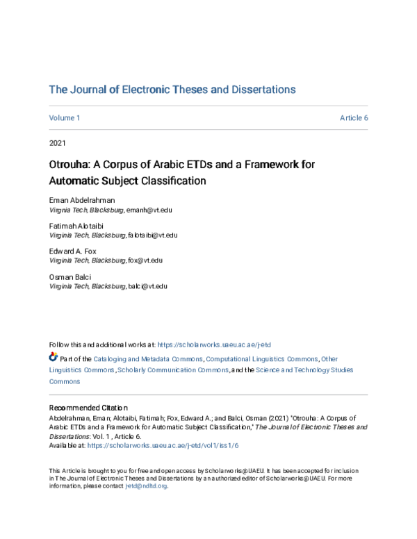 (PDF) Otrouha: A Corpus of Arabic ETDs and a Framework for Automatic ...