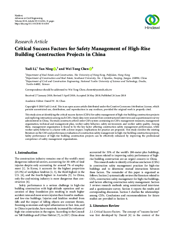 (PDF) Critical Success Factors for Safety Management of High-Rise ...