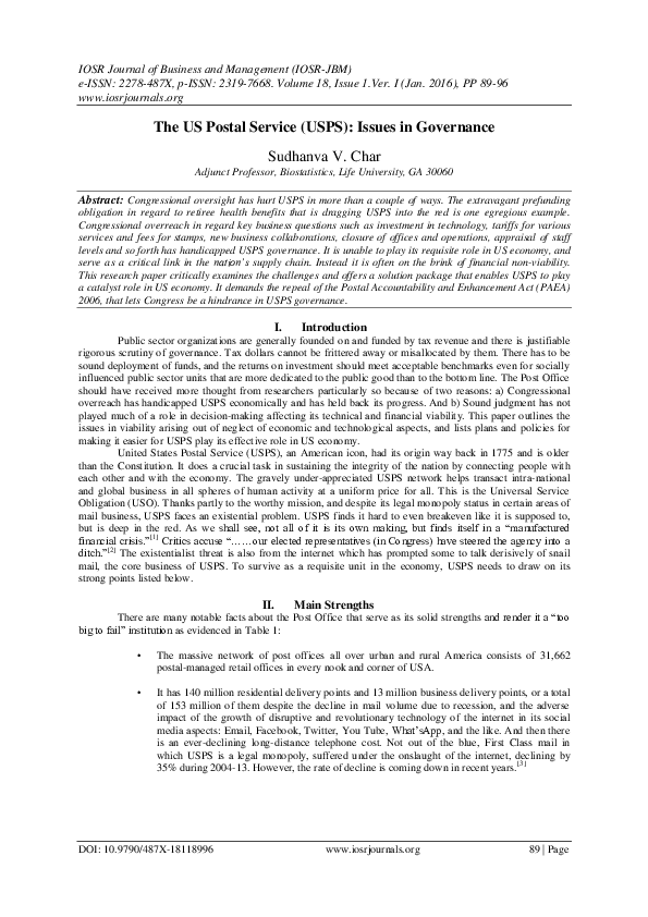 (PDF) The US Postal Service (USPS): Issues in Governance