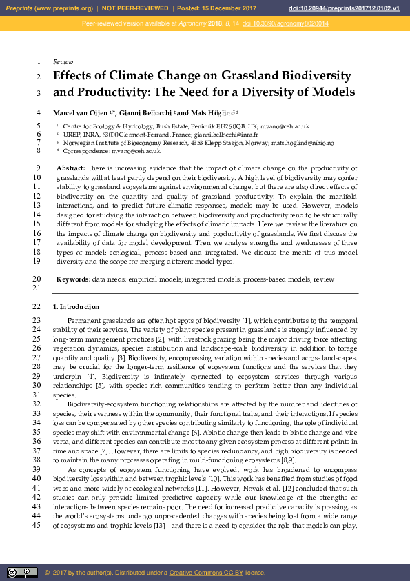 (PDF) 1 Effects of Climate Change on Grassland Biodiversity 2 and ...