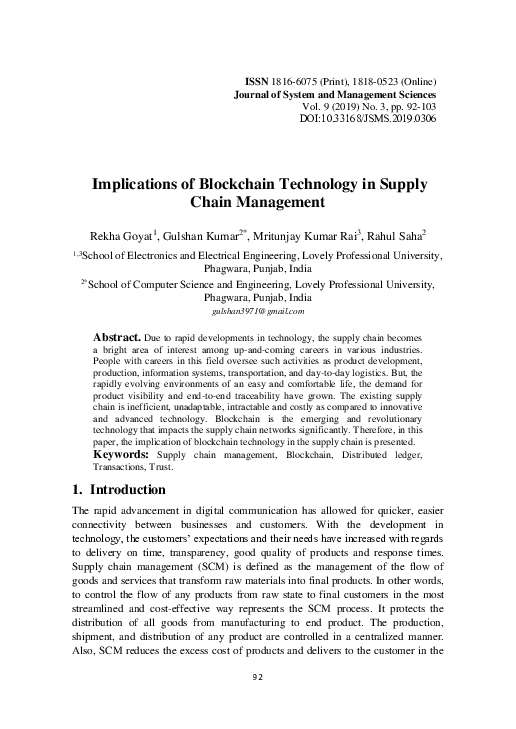(PDF) Implications of Blockchain Technology in Supply Chain Management