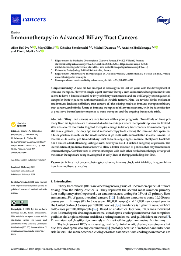 (PDF) Immunotherapy in Advanced Biliary Tract Cancers | Antoine ...