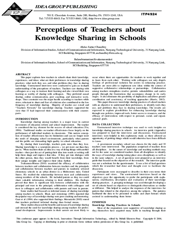 (PDF) Perceptions of Teachers about Knowledge Sharing in Schools