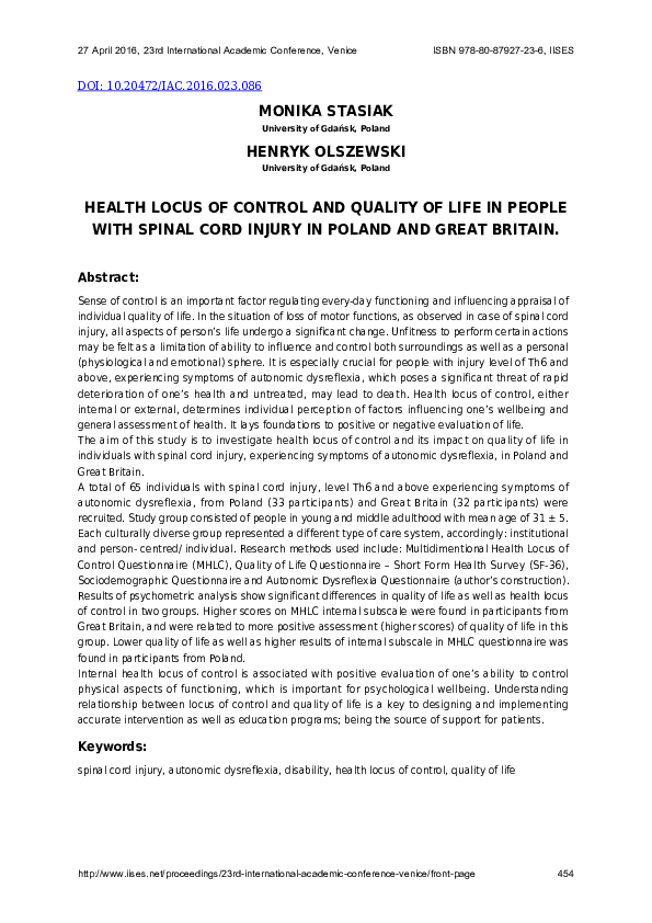 (PDF) Health Locus of Control and Quality of Life in People with Spinal ...
