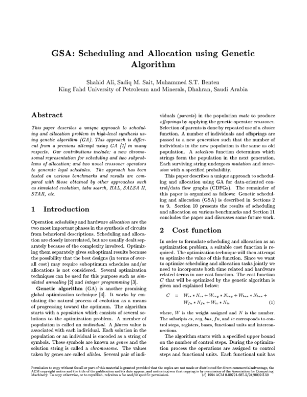 (PDF) GSA: Scheduling and allocation using genetic algorithm