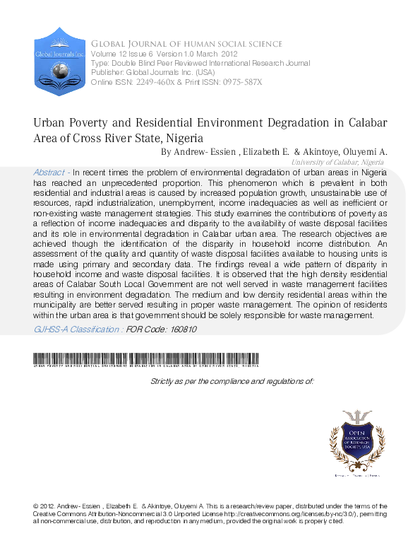 (PDF) Urban poverty and residential environment degradation in Calabar ...