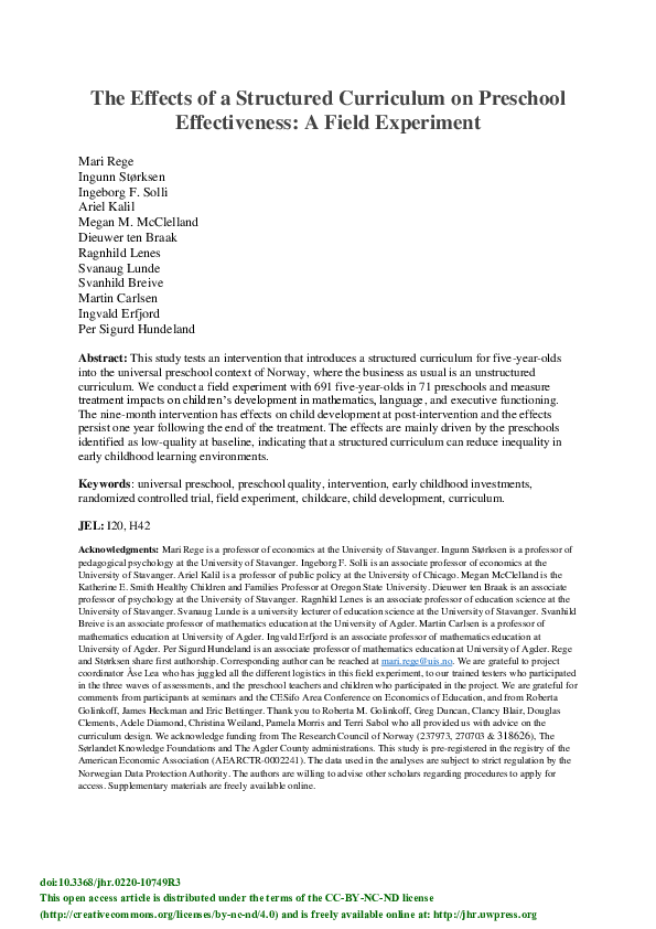 (PDF) Promoting Child Development in a Universal Preschool System: A ...