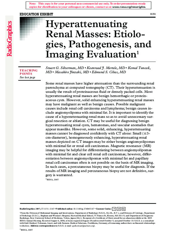 (PDF) Hyperattenuating Renal Masses: Etiologies, Pathogenesis, and ...