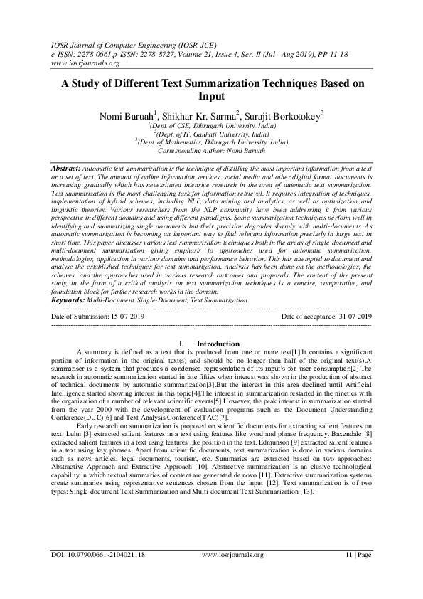 (PDF) A Study of Different Text Summarization Techniques Based on Input