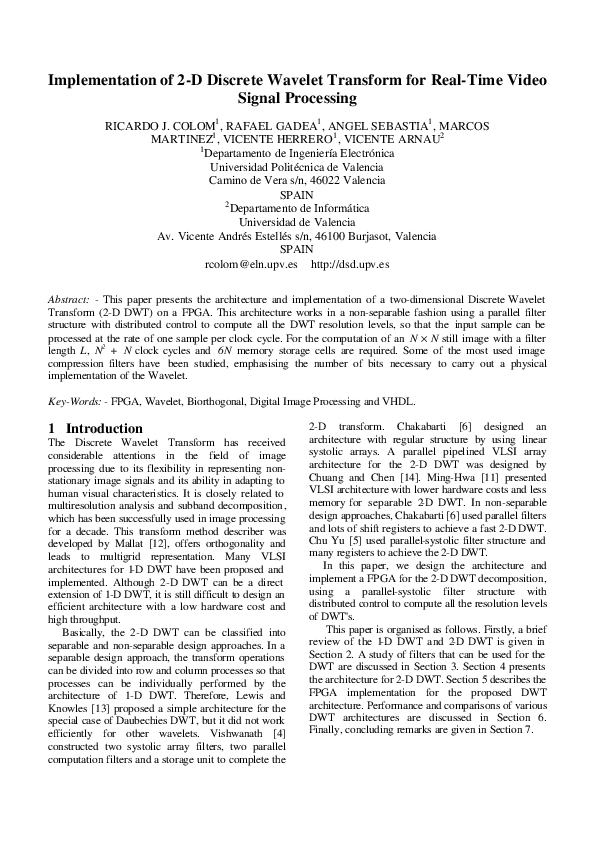 (PDF) Implementation of 2-D Discrete Wavelet Transform for Real-Time ...