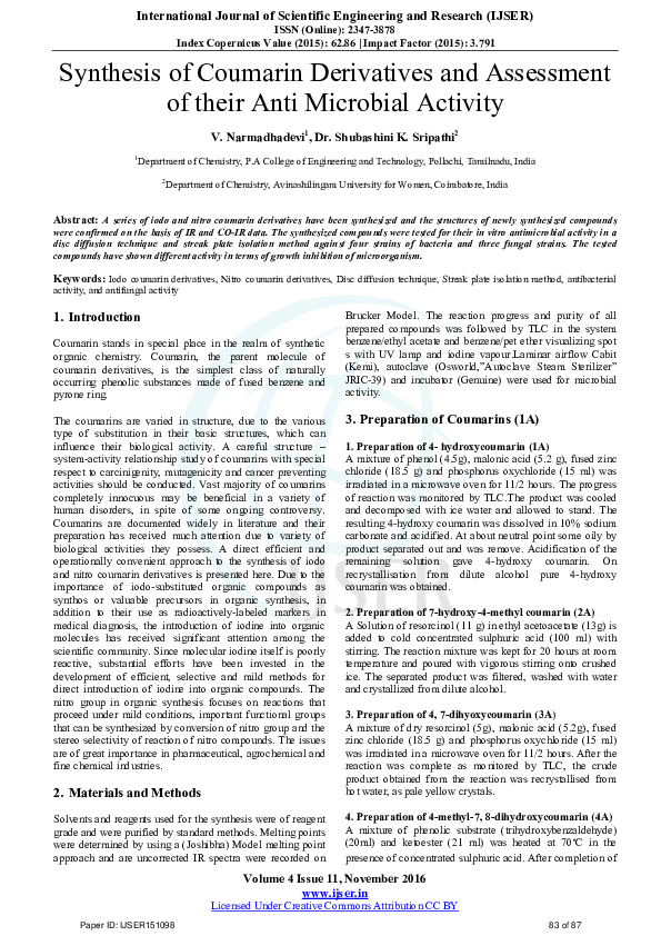 (PDF) Synthesis of Coumarin Derivatives and Assessment of their Anti ...