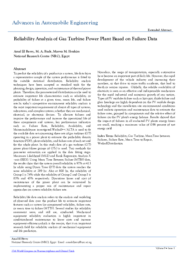 (PDF) Reliability Analysis of Gas Turbine Power Plant Based on Failure Data