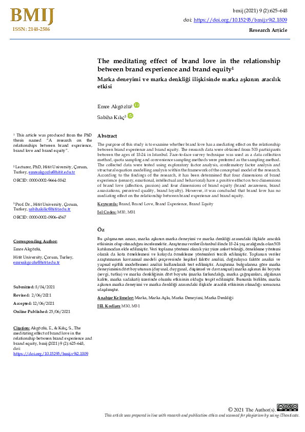 (PDF) The meditating effect of brand love in the relationship between ...