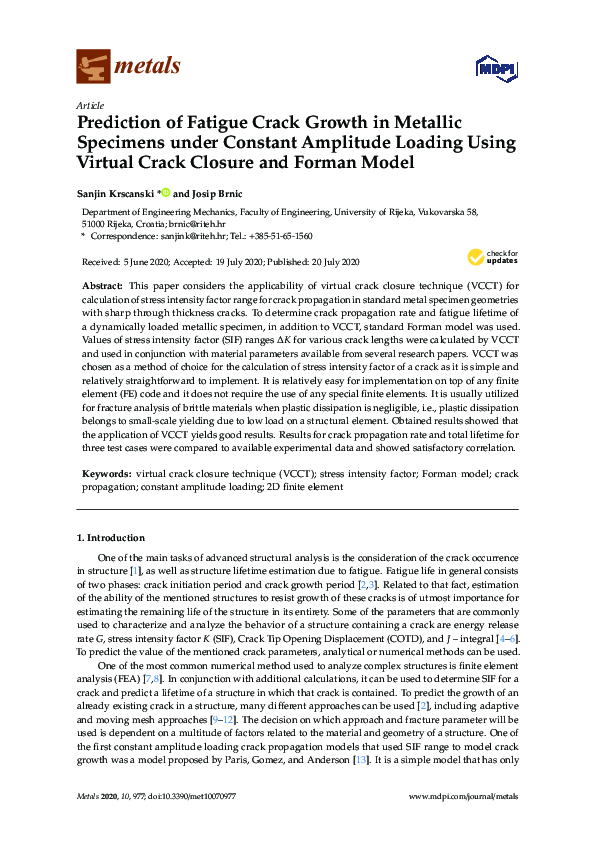 (PDF) Prediction of Fatigue Crack Growth in Metallic Specimens under ...