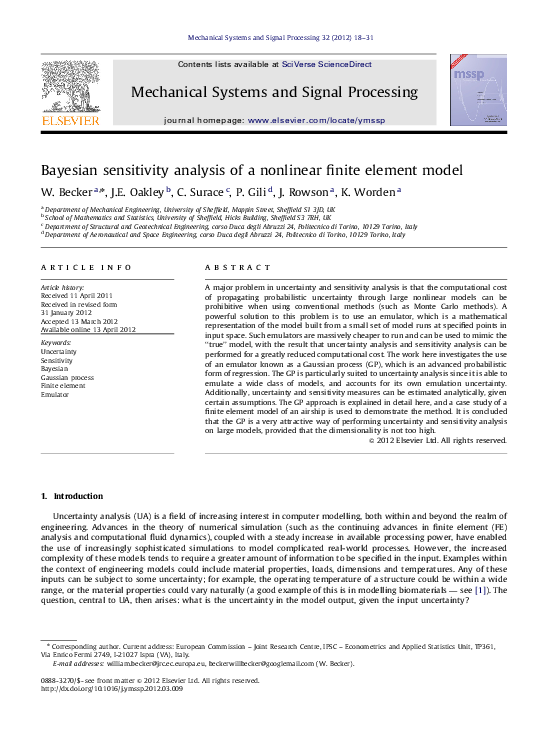 (PDF) Bayesian sensitivity analysis of a nonlinear finite element model