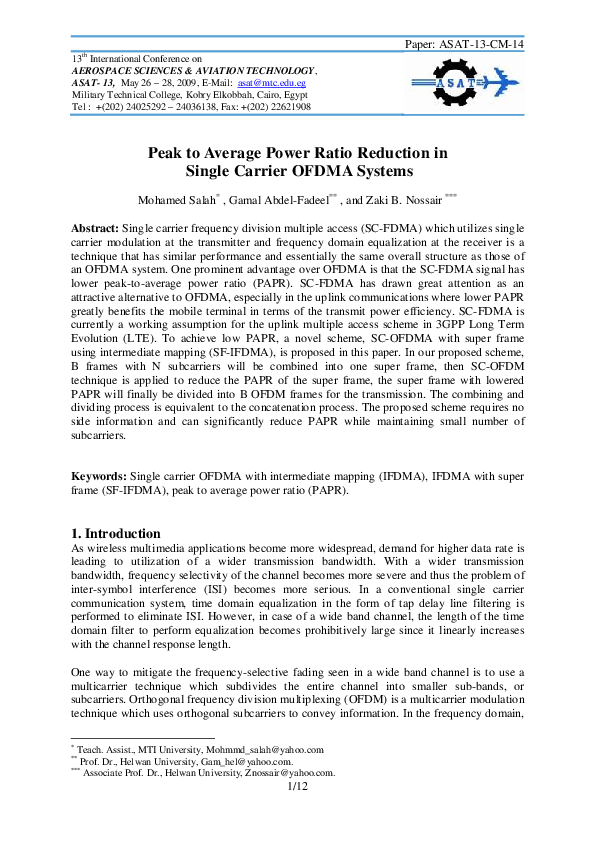 (PDF) Peak to Average Power Ratio Reduction in Single Carrier OFDMA Systems