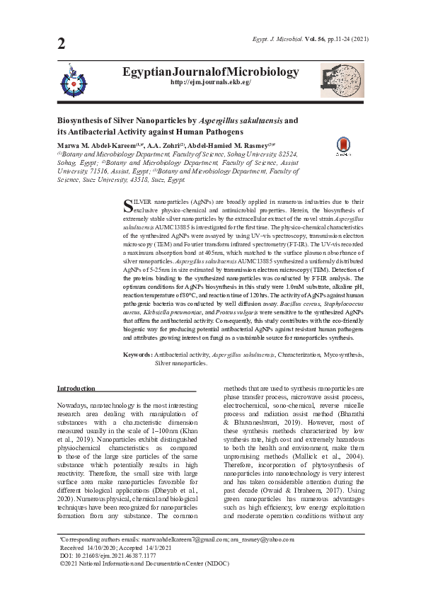 (PDF) Biosynthesis of Silver Nanoparticles by Aspergillus sakultaensis ...