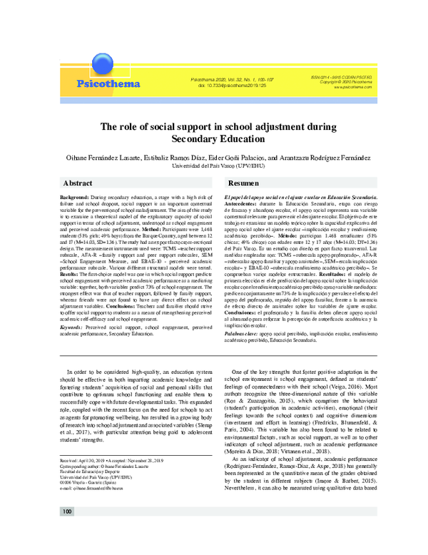 (PDF) The role of social support in school adjustment during Secondary ...