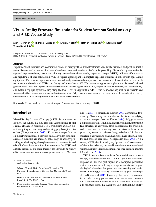 (PDF) Virtual Reality Exposure Simulation for Student Veteran Social