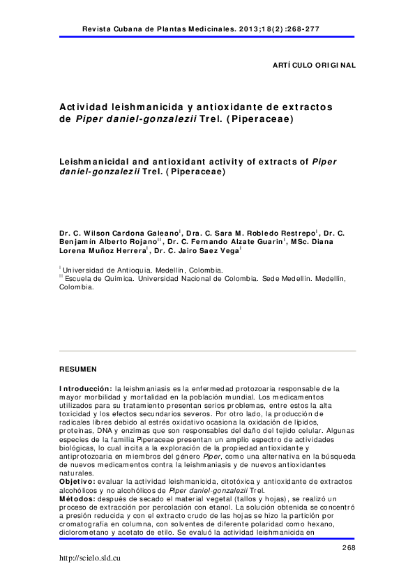 (PDF) Leishmanicidal and antioxidant activity of extracts of Piper ...