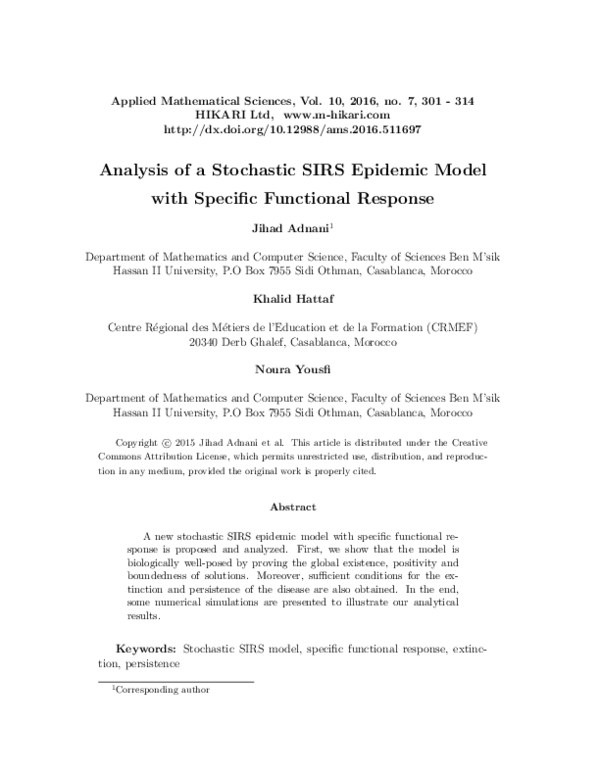 (PDF) Analysis of a stochastic SIRS epidemic model with specific ...
