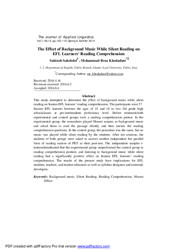 (PDF) The Effect of Background Music While Silent Reading on EFL ...