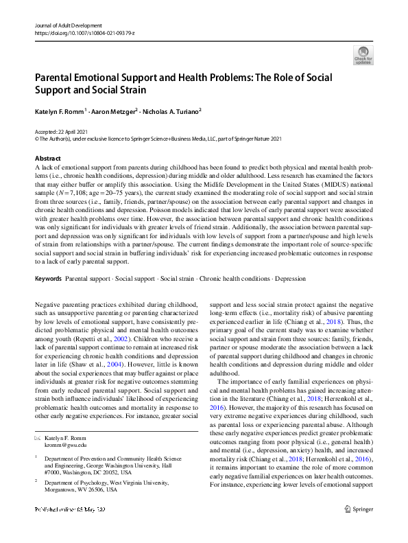 (PDF) Parental Emotional Support and Health Problems: The Role of ...