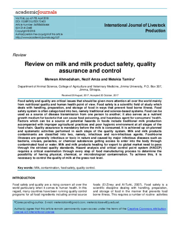 (PDF) Review on milk and milk product safety, quality assurance and