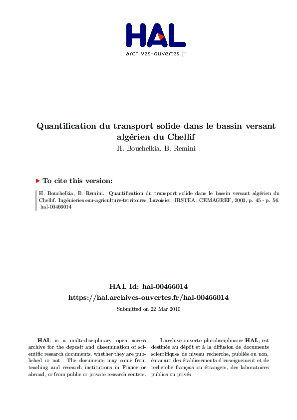 (PDF) Quantification du transport solide dans le bassin versant ...
