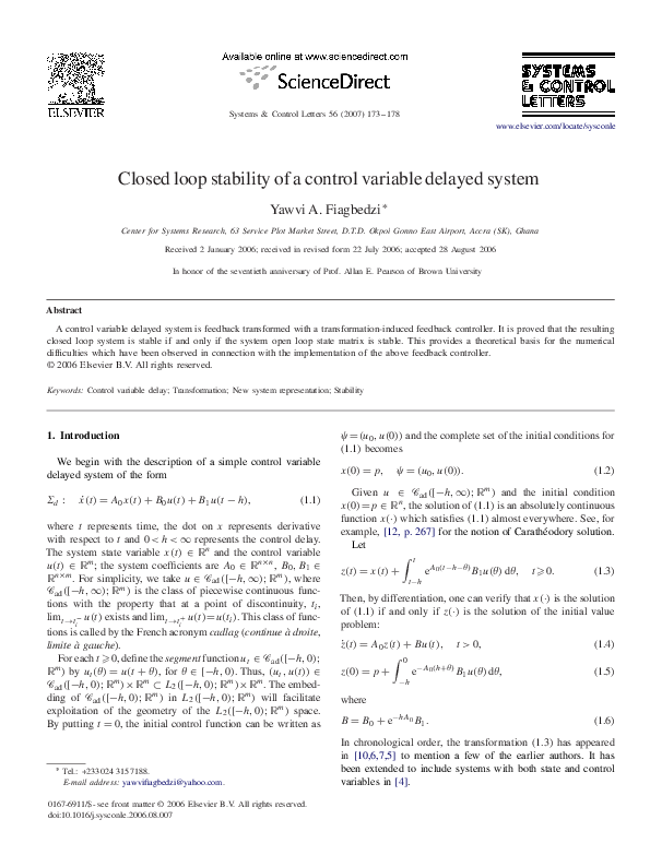 (PDF) Closed loop stability of a control variable delayed system