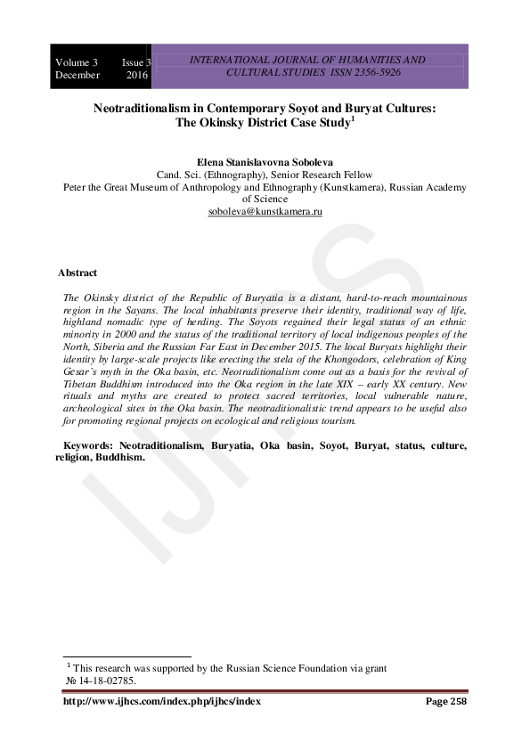 (PDF) Neotraditionalism in Contemporary Soyot and Buryat Cultures: The ...