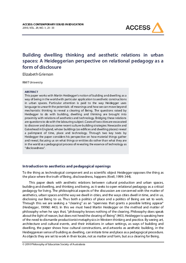 (PDF) Building dwelling thinking and aesthetic relations in urban