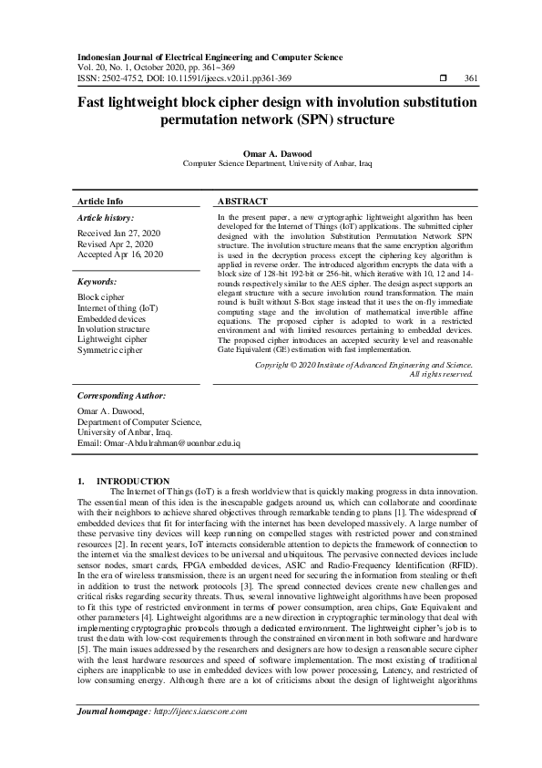 (PDF) Fast lightweight block cipher design with involution substitution ...