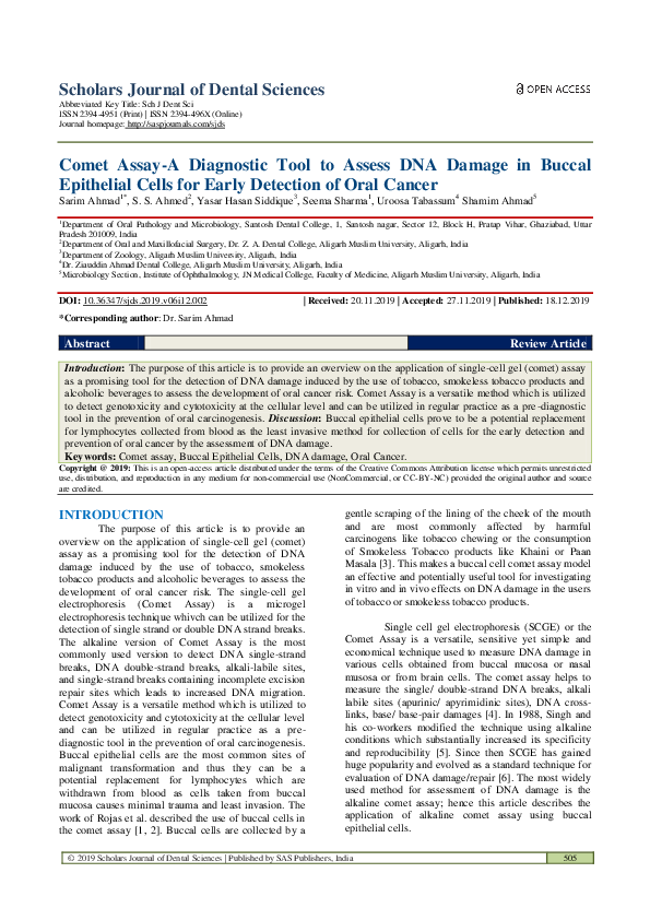 (PDF) Comet Assay-A Diagnostic Tool to Assess DNA Damage in Buccal ...