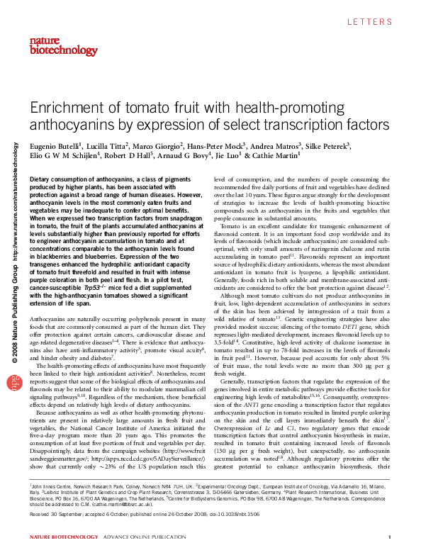 (PDF) Enrichment of tomato fruit with health-promoting anthocyanins by ...