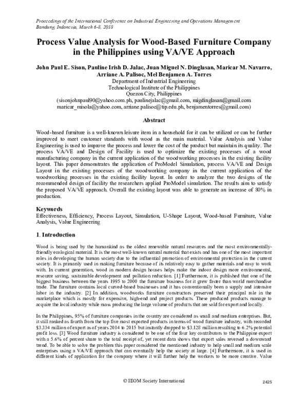 (PDF) Process Value Analysis for WoodBased Furniture Company in the
