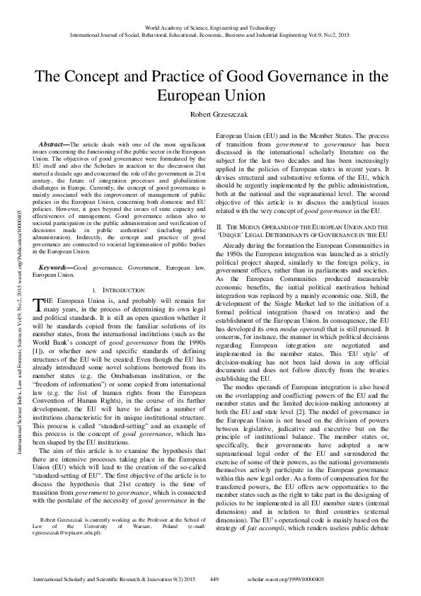 (PDF) The Concept and Practice of Good Governance in the European Union