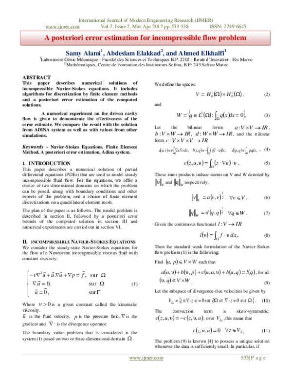 (PDF) A posteriori error estimation for incompressible flow problem